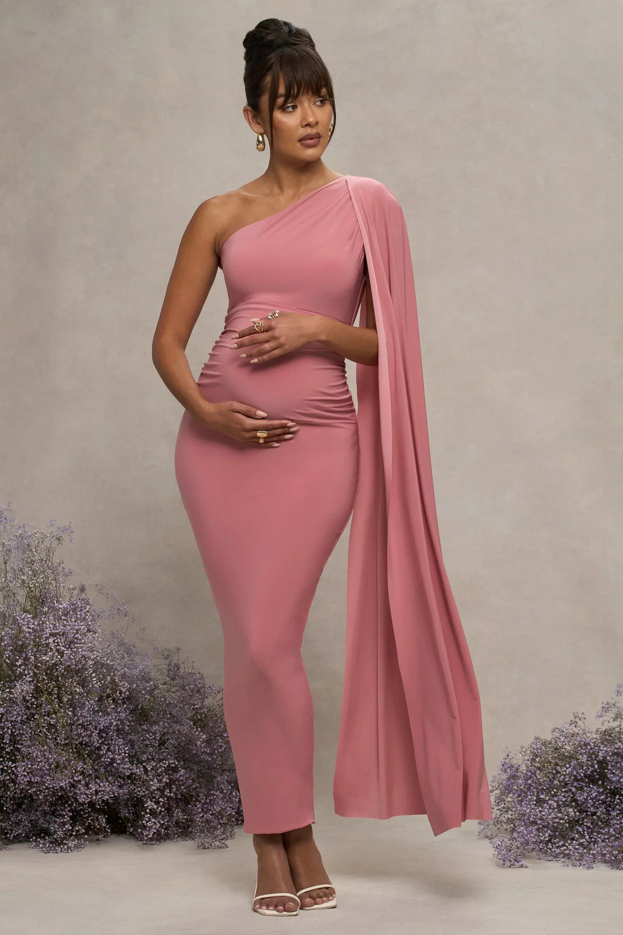 Amaryllis | Blush Pink Maternity One Shoulder Maxi Dress With Cape Sleeve