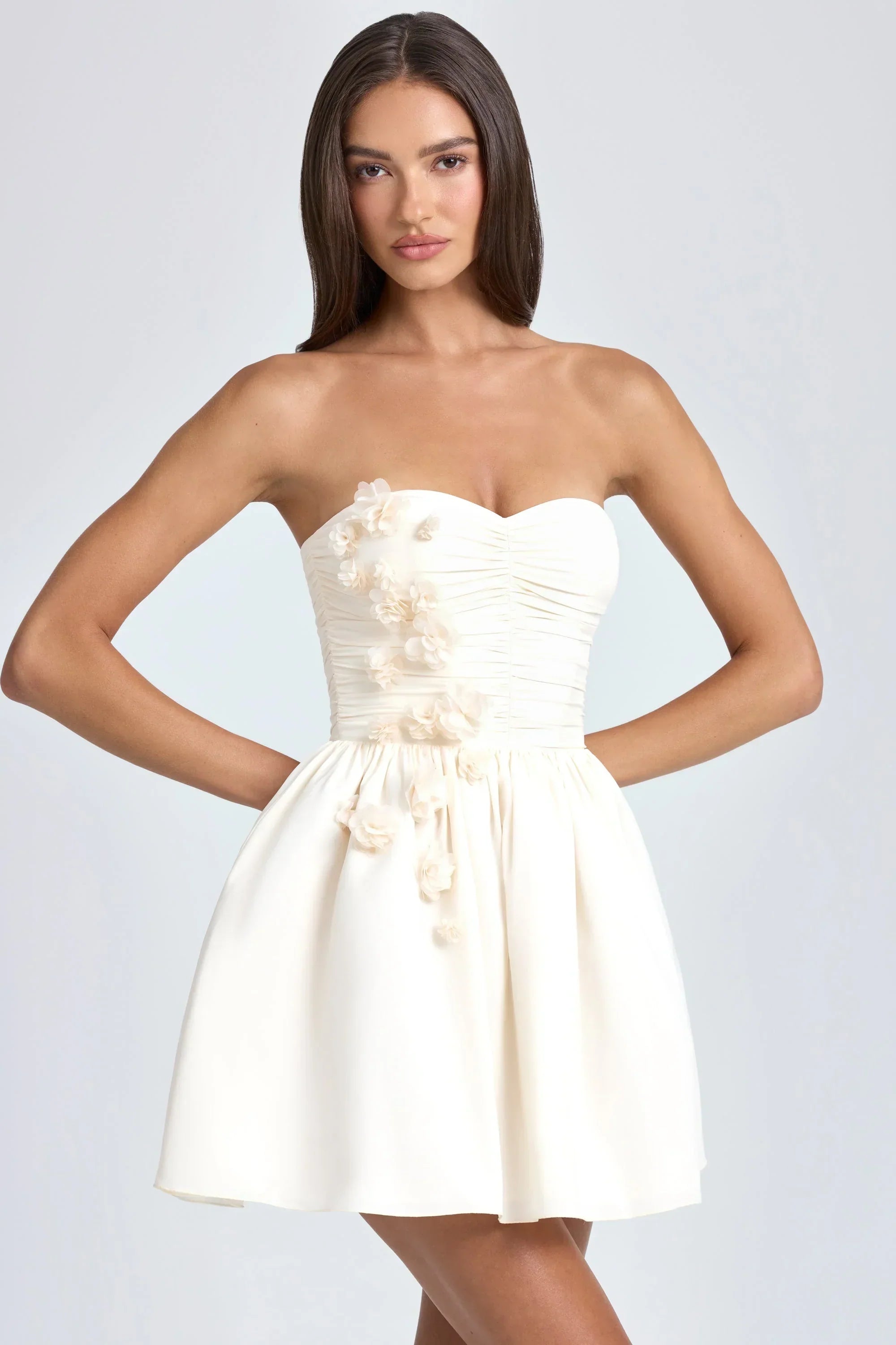Bandeau Floral-Appliqué Corset Mini Dress In Ivory