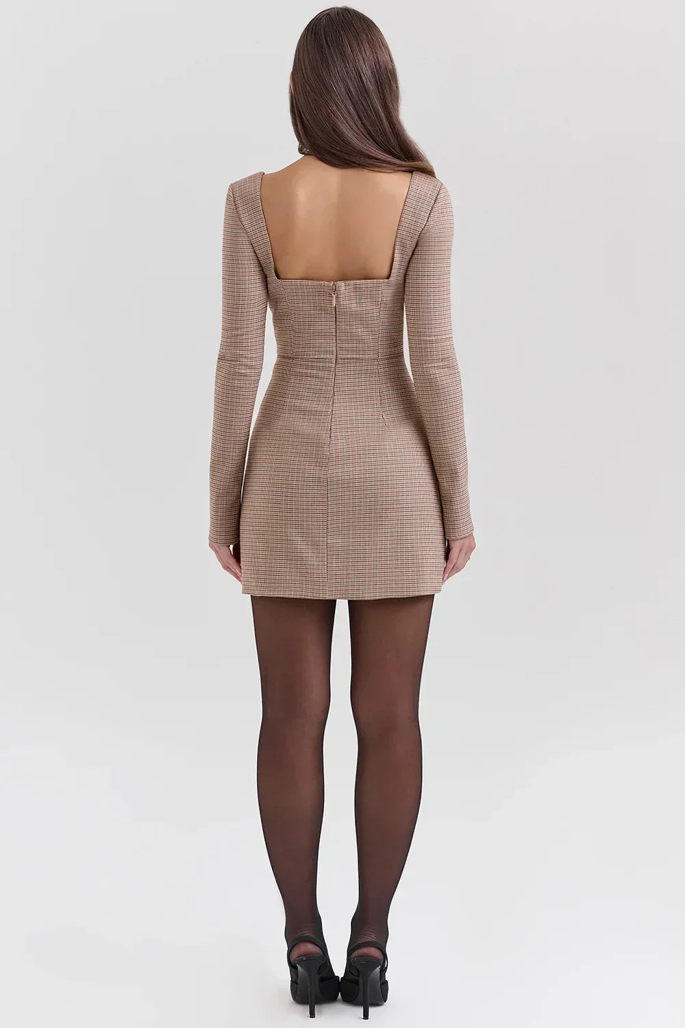 Angelie-Brown Puppytooth Check Plunge Mini Dress - Sale