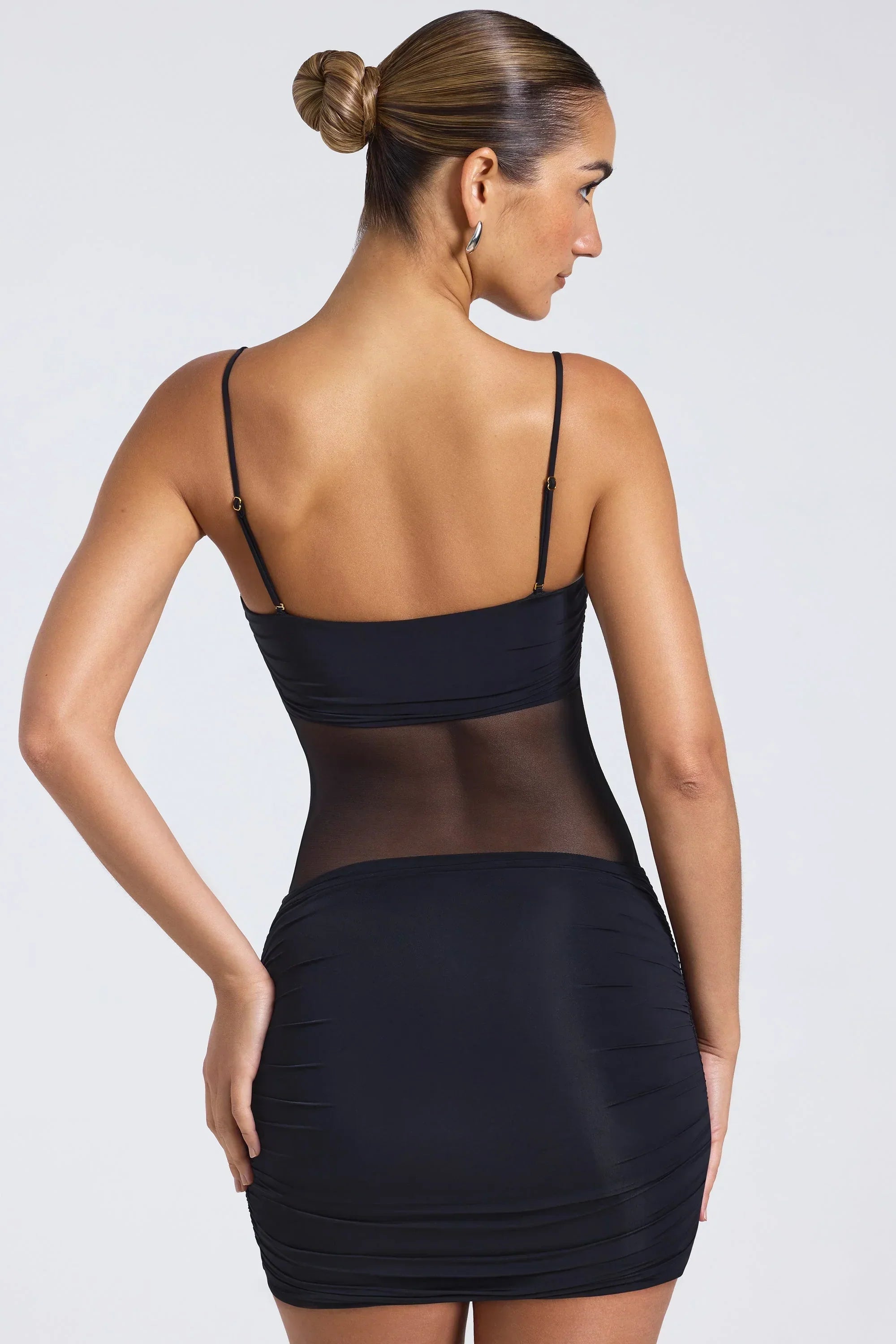 Sheer Panelled Ruched Mini Dress In Black