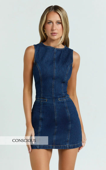 Olenna Mini Dress - High Neck Fitted Denim Dress In Indigo Wash