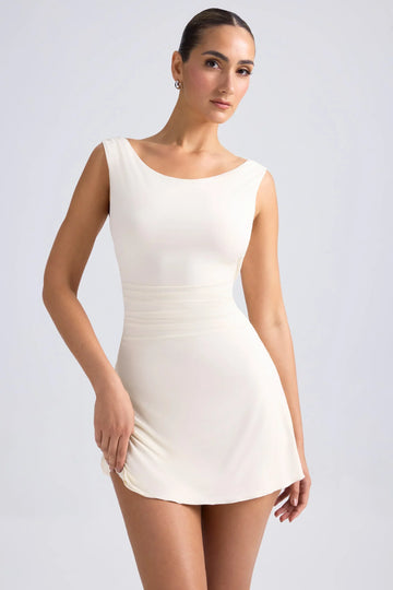 Off-Shoulder Cowl-Back A-Line Mini Dress In Ivory