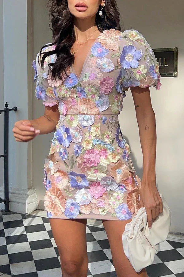 Elegant Floral Embroidered Mini Dress For Women