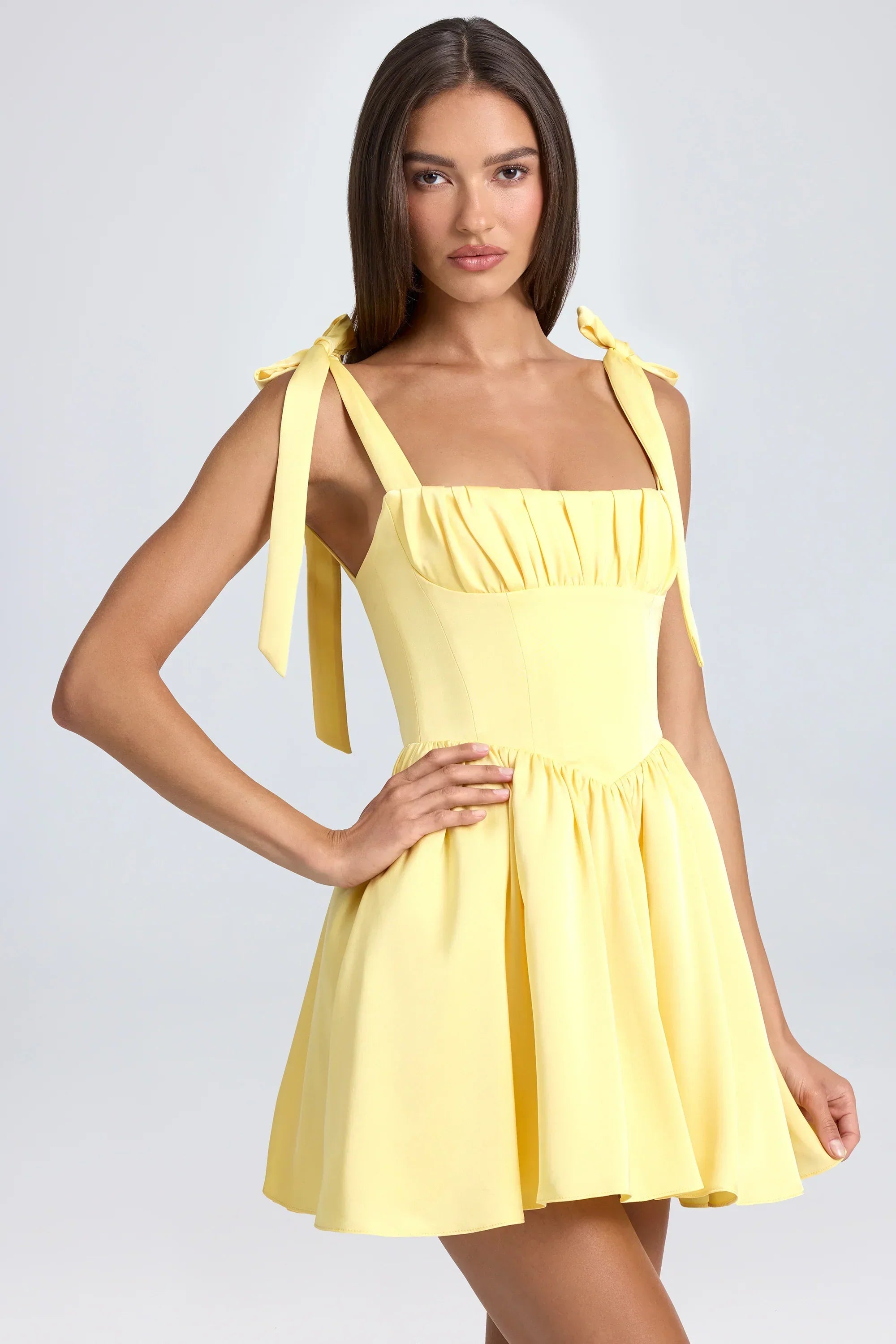 Draped Corset Mini Dress In Lemon Sherbet