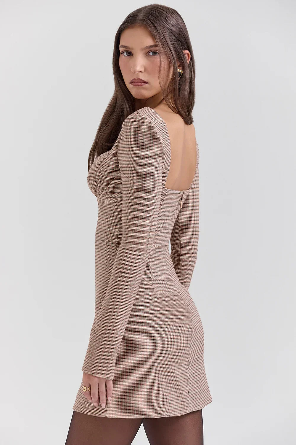 Angelie-Brown Puppytooth Check Plunge Mini Dress - Sale