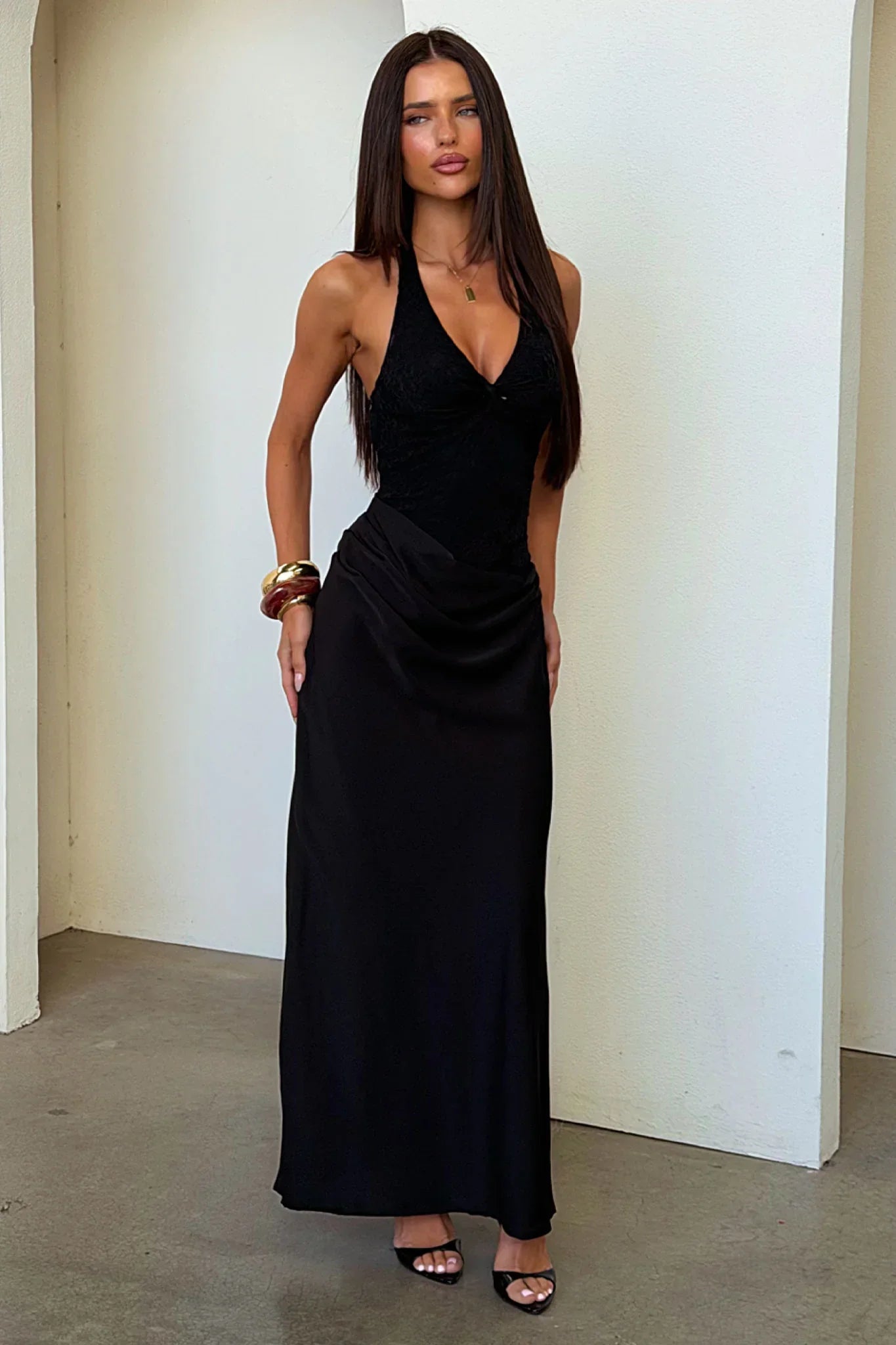 Sable Halter Neck Lace Maxi Dress - Black