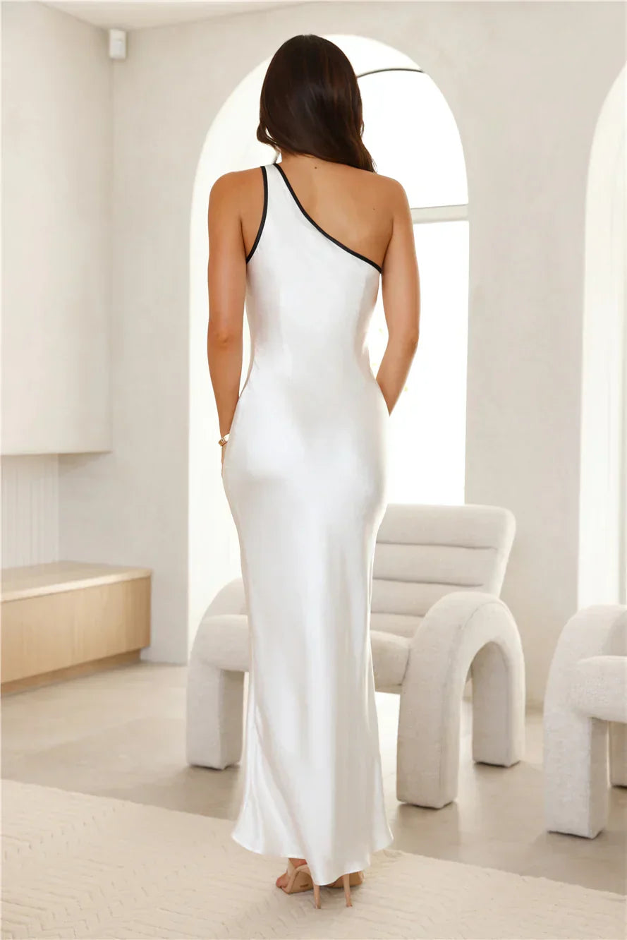 Hollywood Calling Satin One Shoulder Midi Dress White