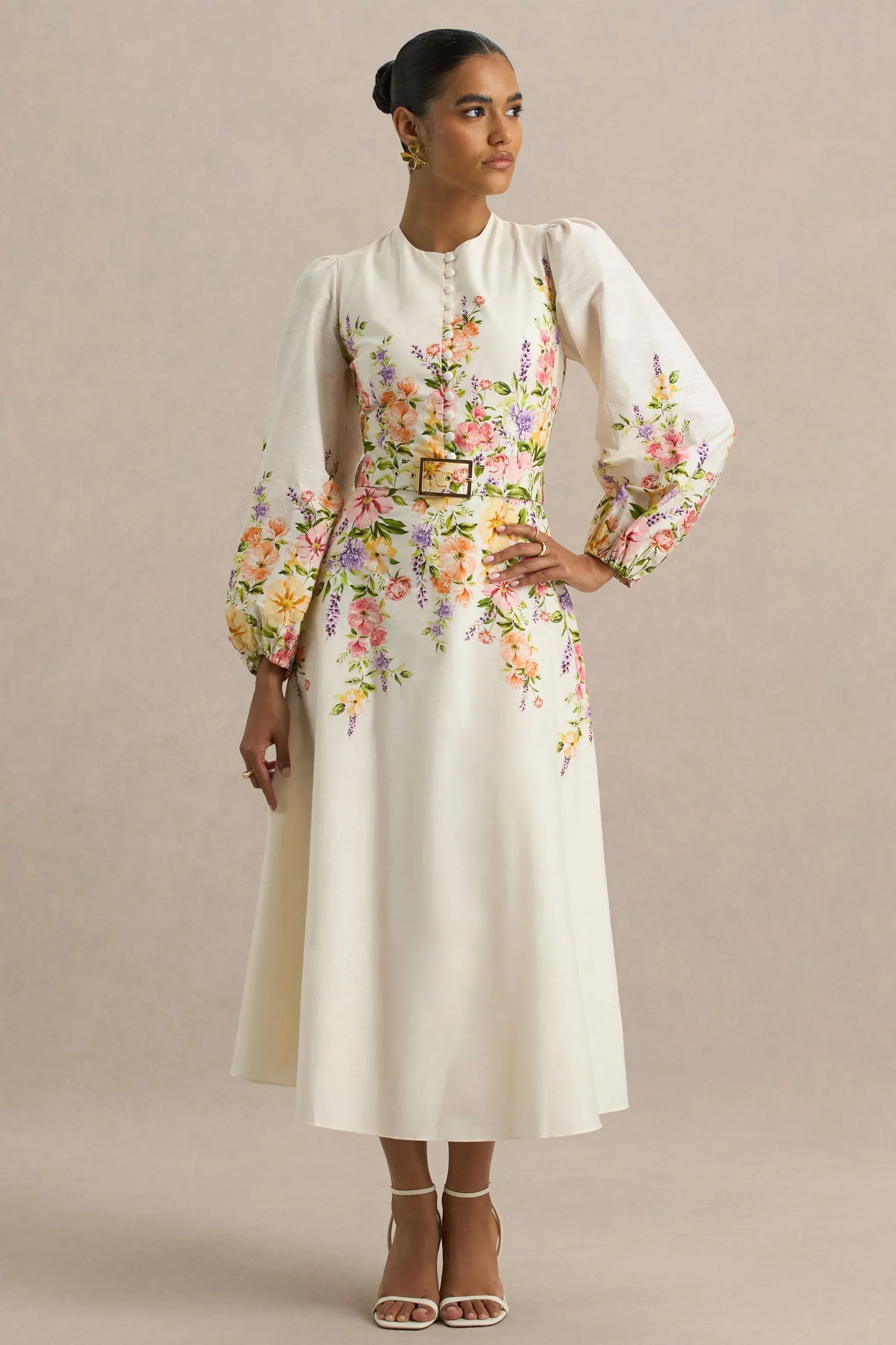 Dahlia | White Floral Border Print High-Neck Midi Dress