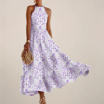 Women’S Printed Halter Neck Maxi Dress – A-Line Flowy Summer Dress