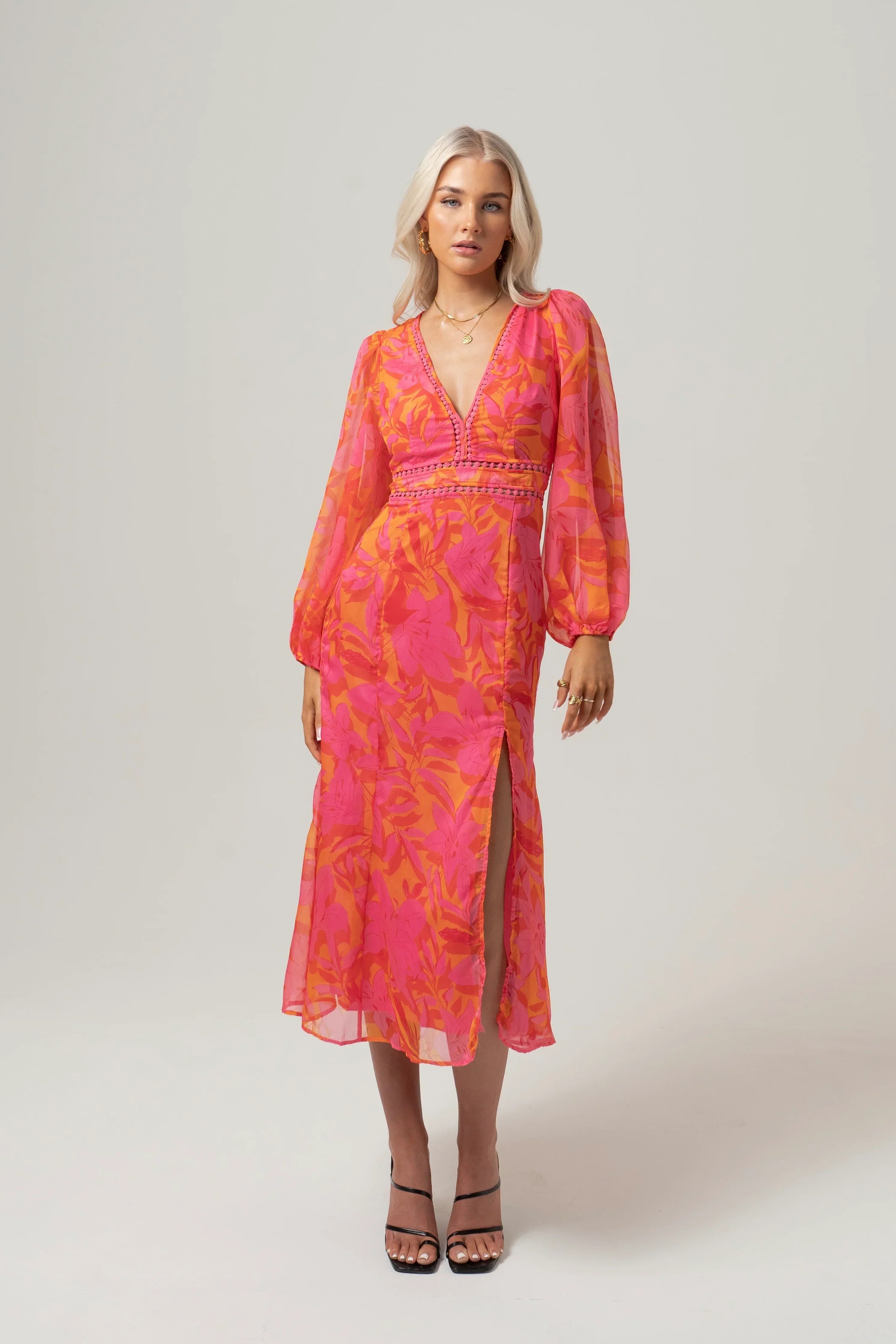 Pia Pink Print Midi Dress With Billowed Sleeves