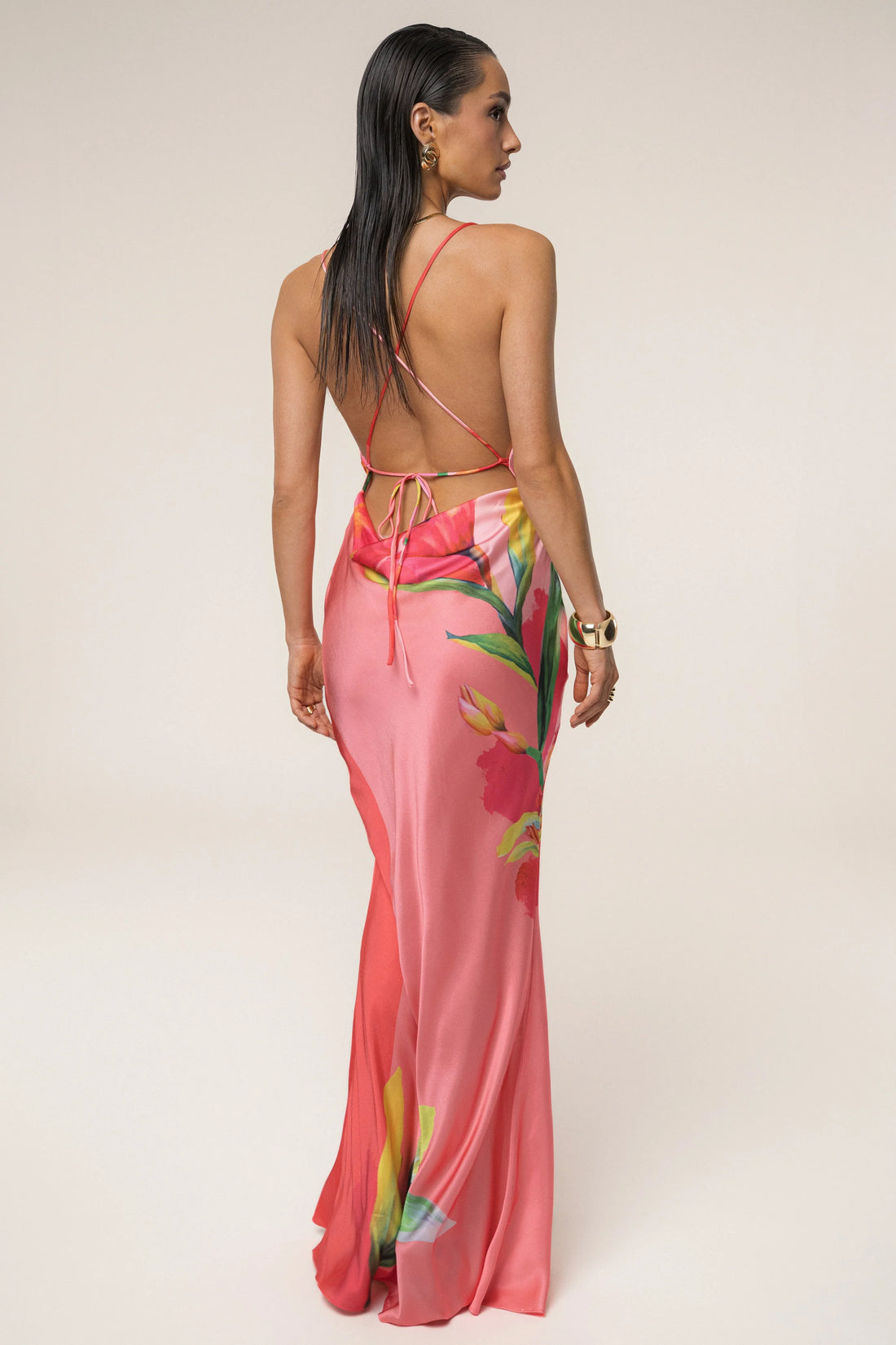 Satin Floral Print Maxi Dress