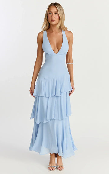 Beryl Midi Dress - Deep V Neck Sleeveless Layered Dress In Blue