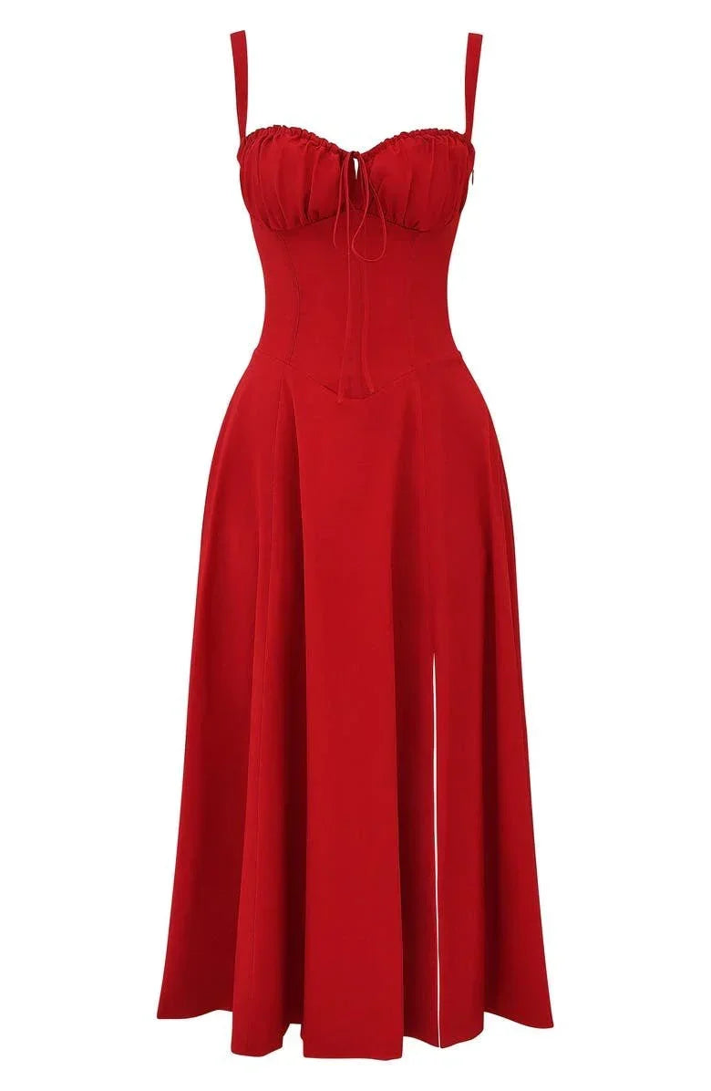 Corset Midi Dress – Tailored Waist And Flowing Skirt