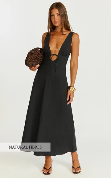 Silvena Midi Dress - Plunge Neckline Tie Front A Line Dress In Black