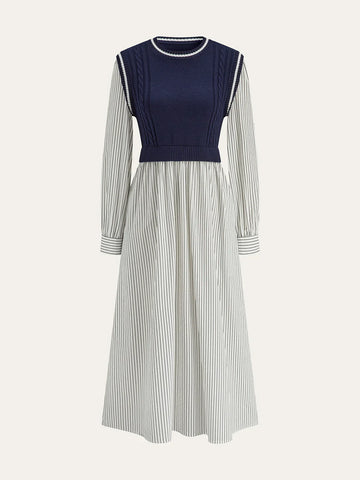 2 In 1 Cable-Knit Paneled Striped Midi Dress