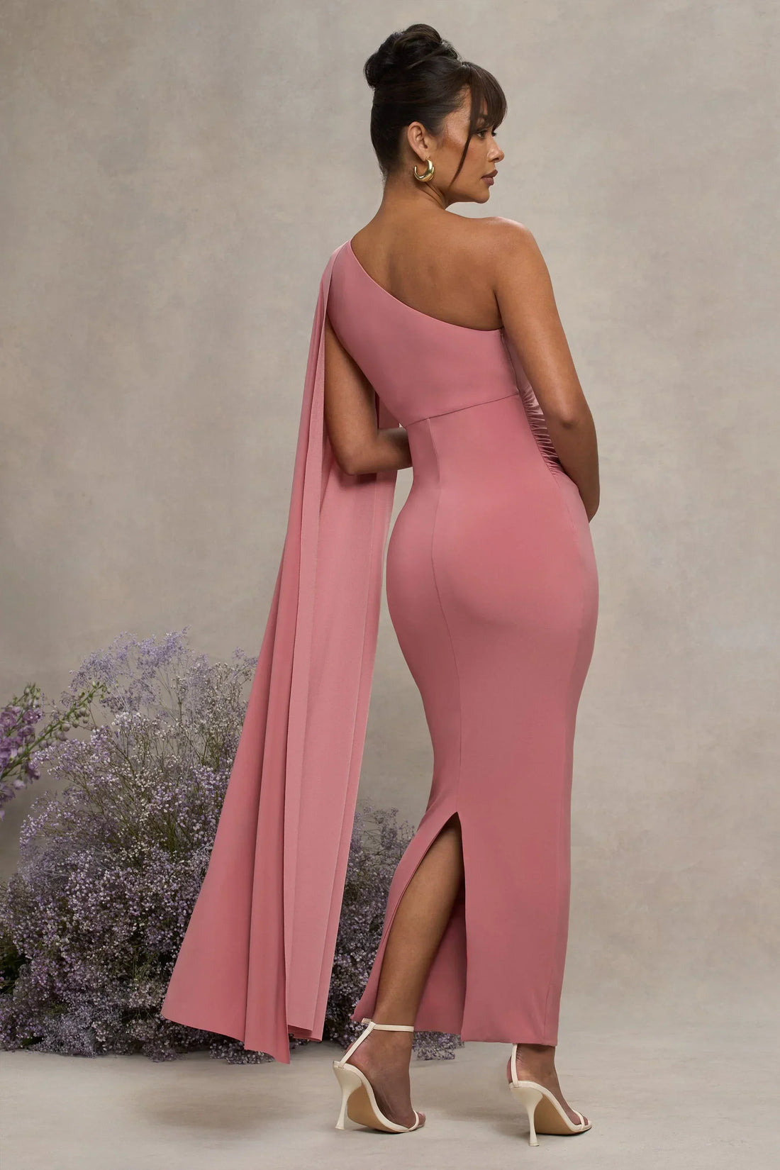 Amaryllis | Blush Pink Maternity One Shoulder Maxi Dress With Cape Sleeve
