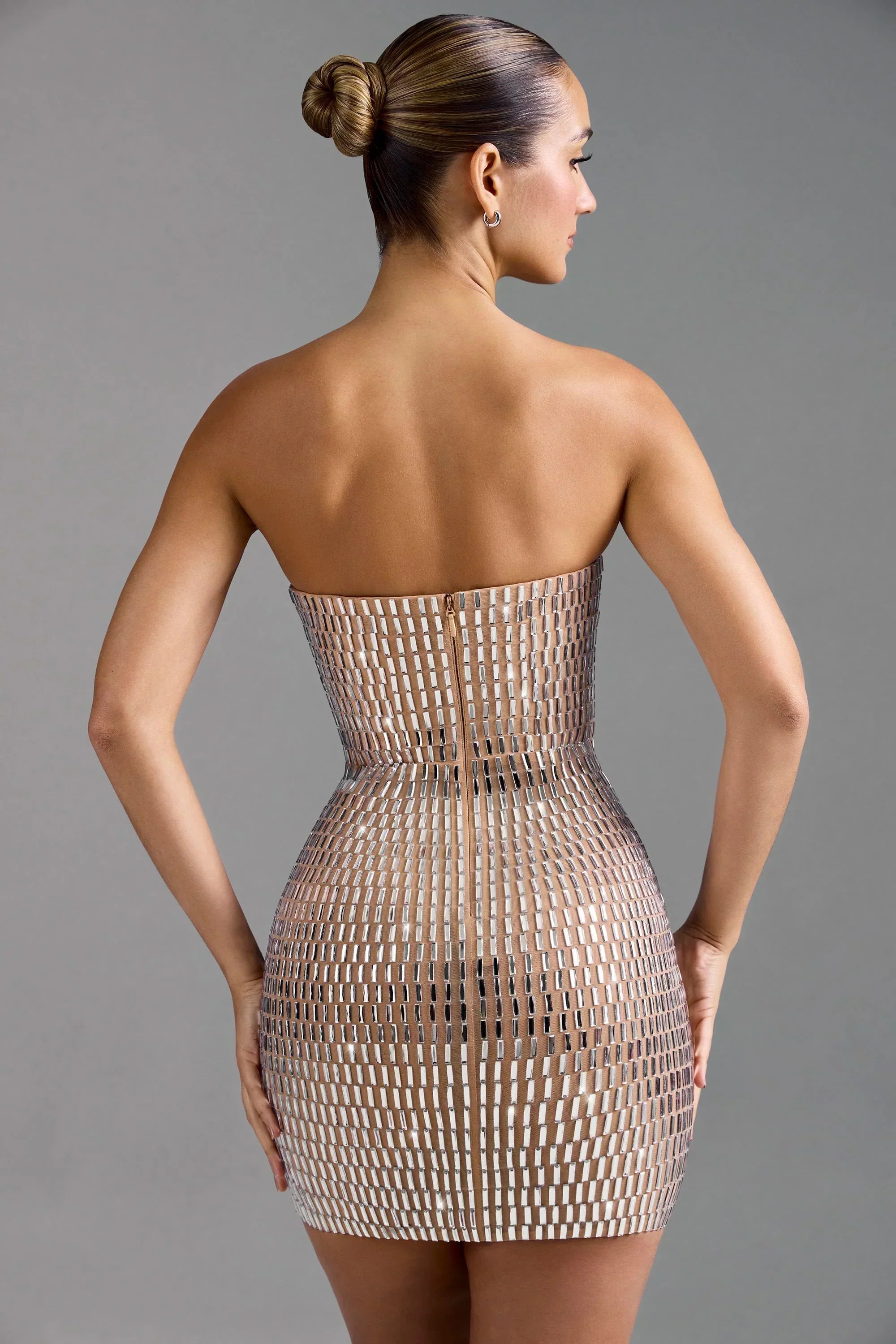 Embellished Bandeau Mini Dress In Almond
