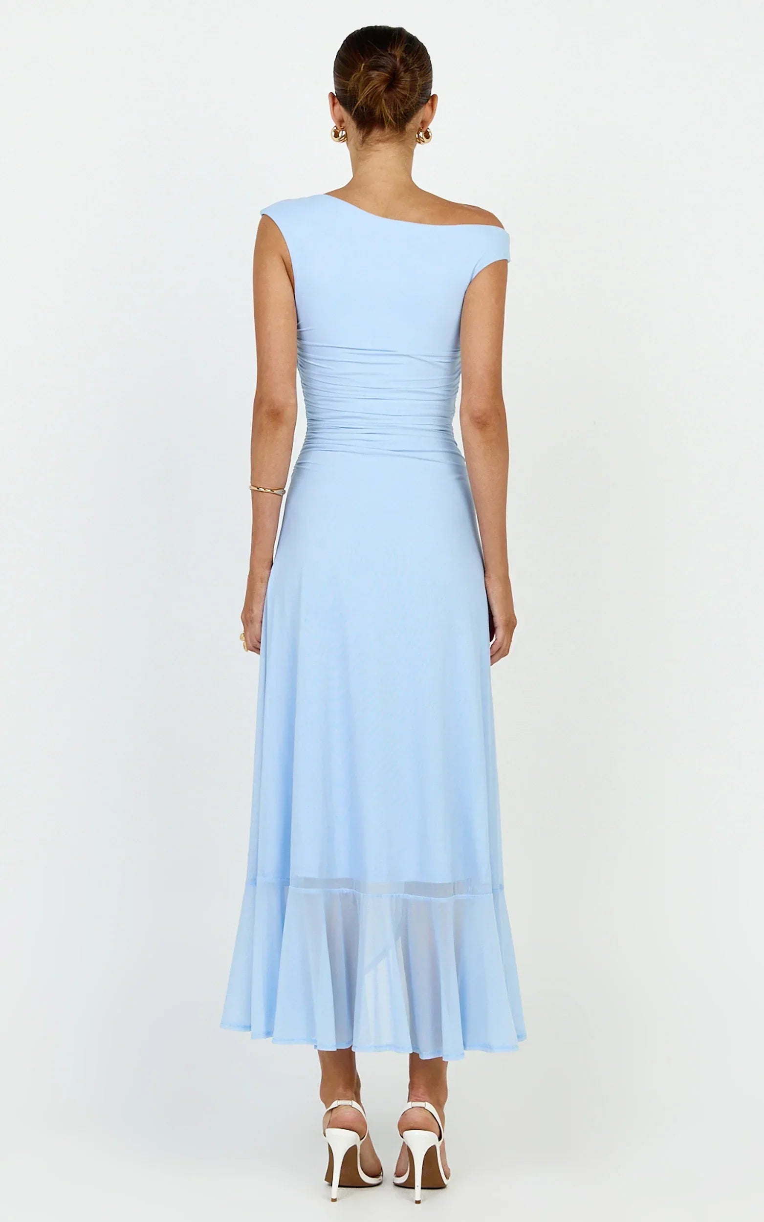 Judee Midi Dress - One Shoulder High Side Split Dress In Light Blue