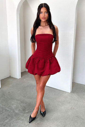 Kloe Bubble Skirt Strapless Mini Dress - Burgundy