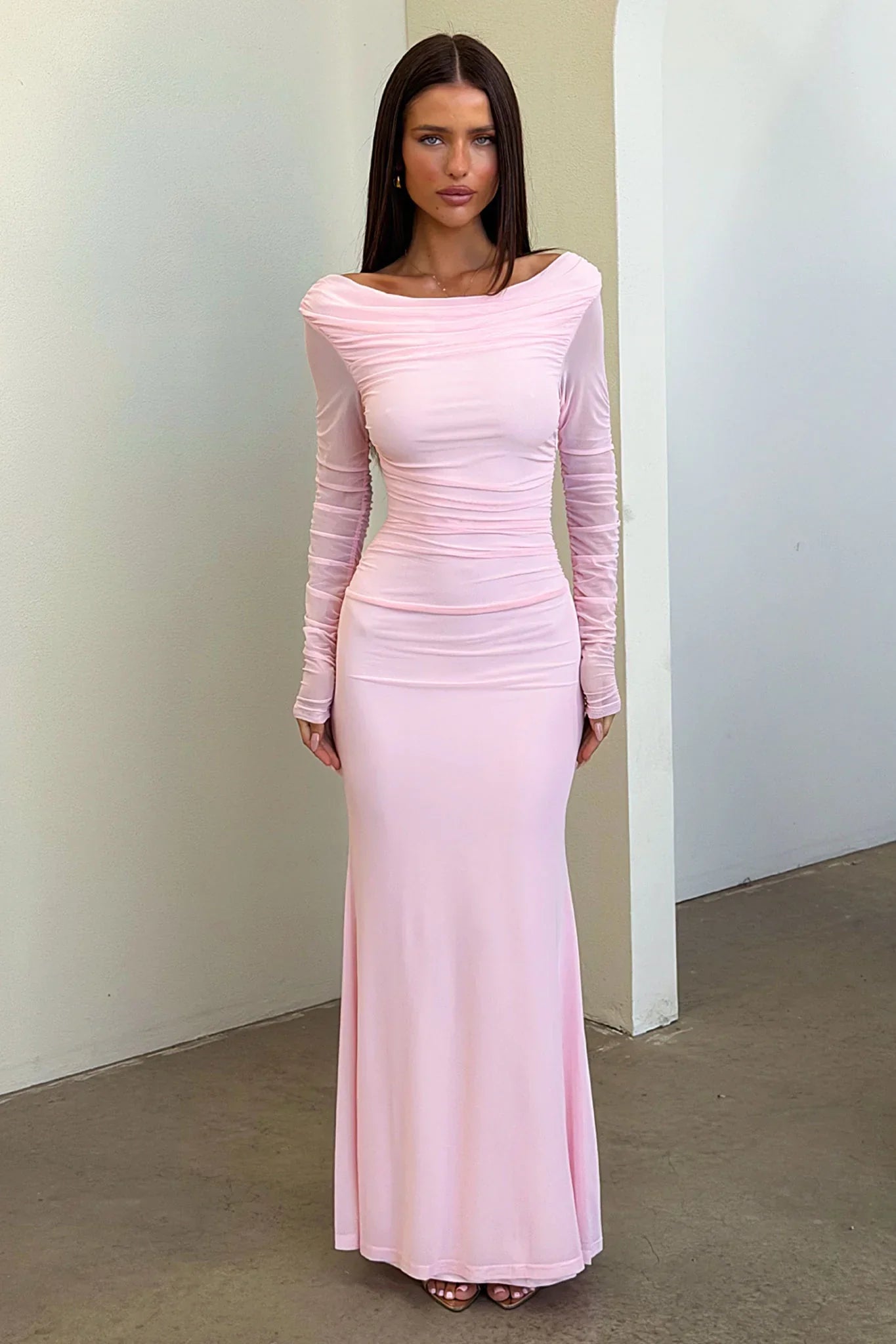 Rowan Long Sleeve Mesh Maxi Dress - Baby Pink