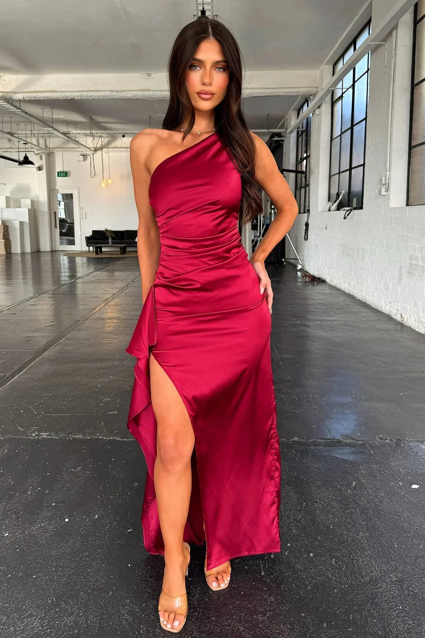 Elianna One Shoulder Satin Maxi Dress - Burgundy