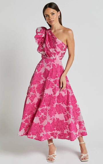 Alfreda Midi Dress - One Shoulder Ruffle Detail Brailey Jacquard Dress In Pink