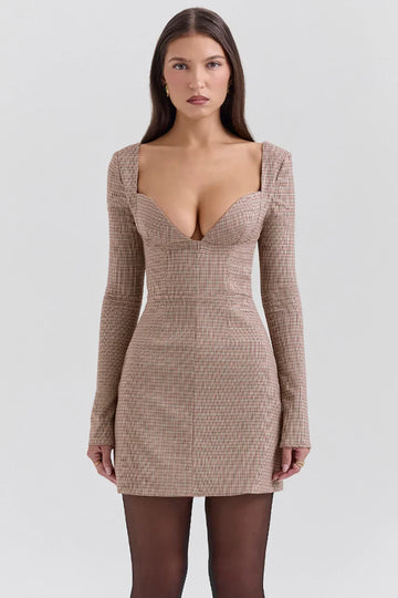 Angelie-Brown Puppytooth Check Plunge Mini Dress - Sale