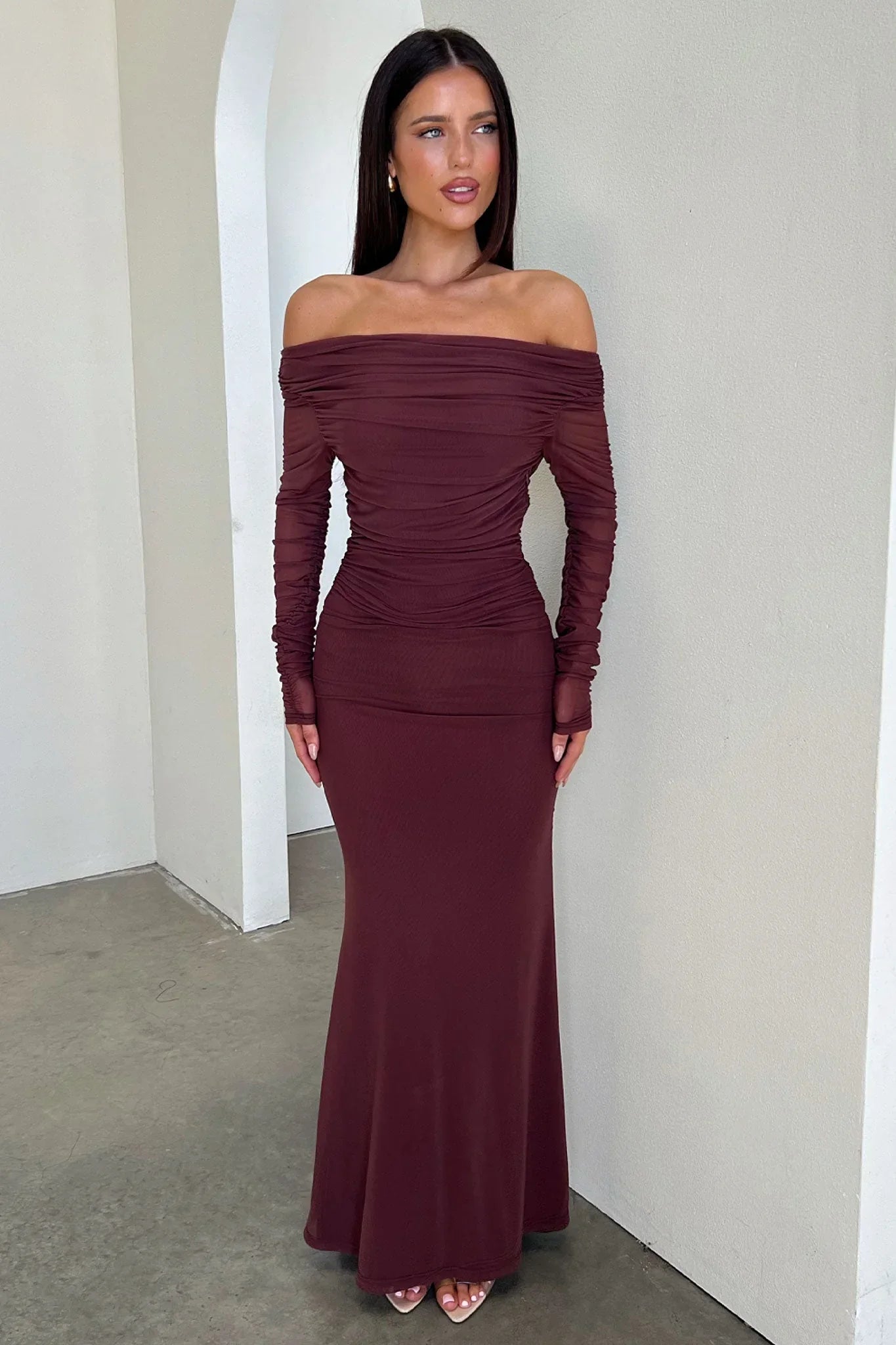 Rowan Long Sleeve Mesh Maxi Dress -  Brown