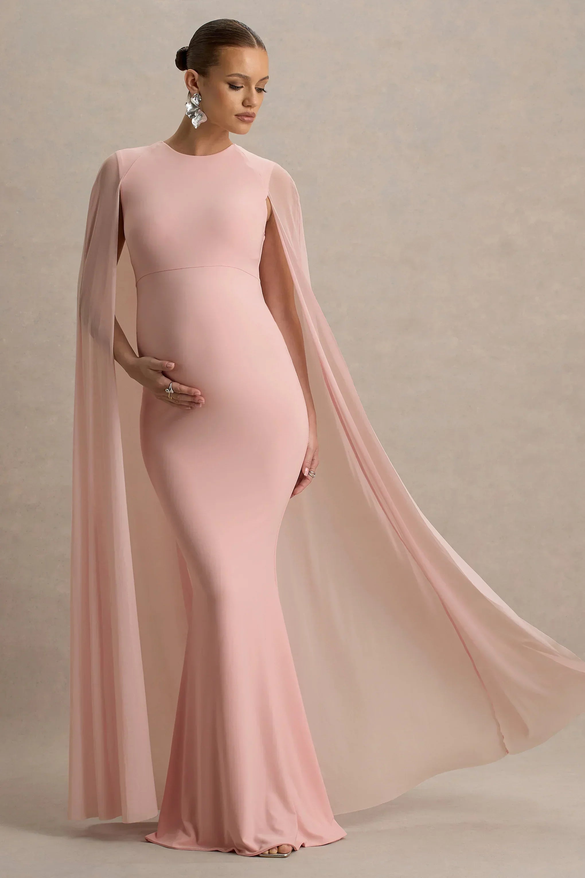 Currant | Pink Crew-Neck Maternity Maxi Dress With Cape