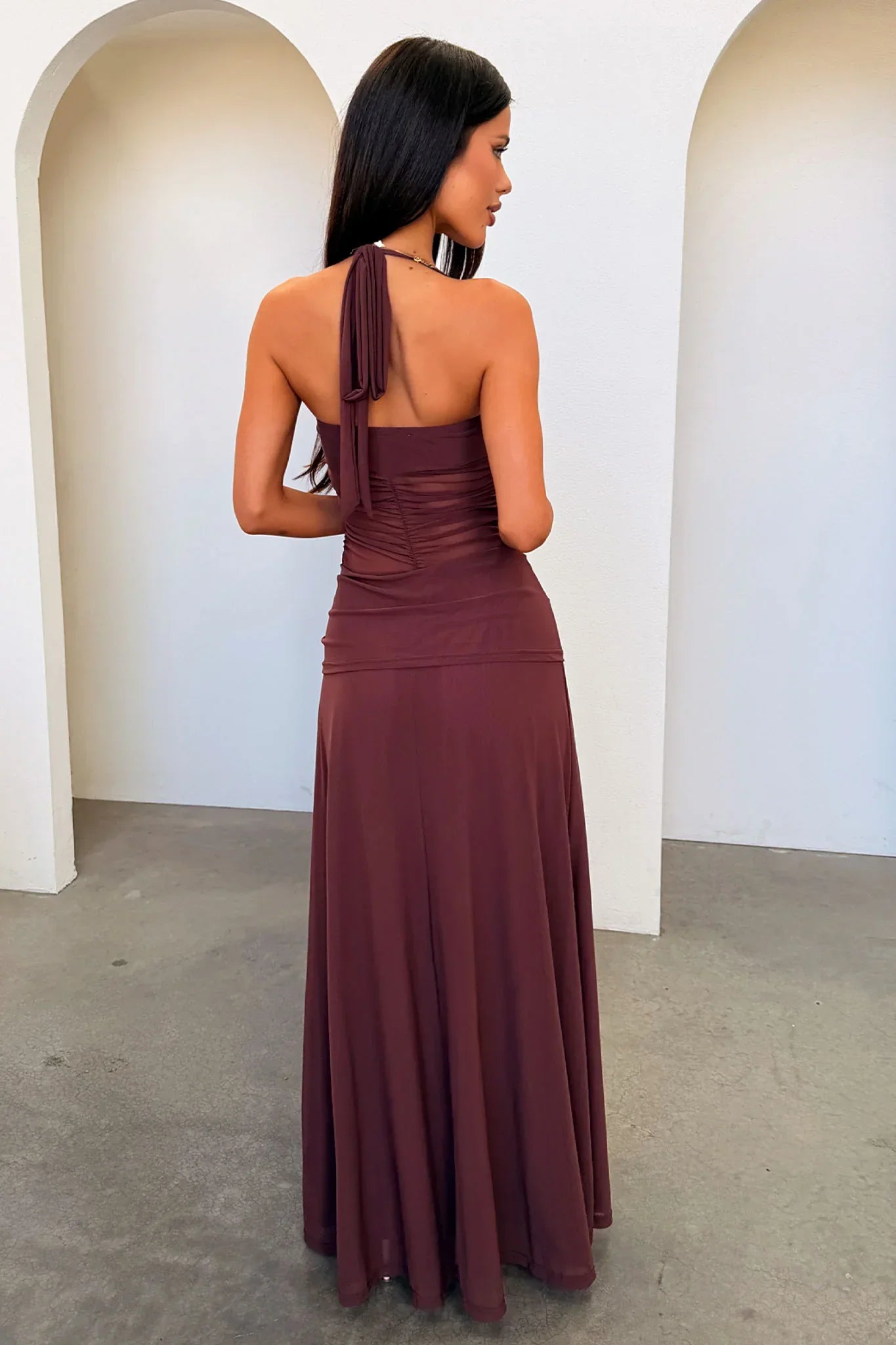 Gabrielle Haleterneck Mesh Maxi Dress - Brown