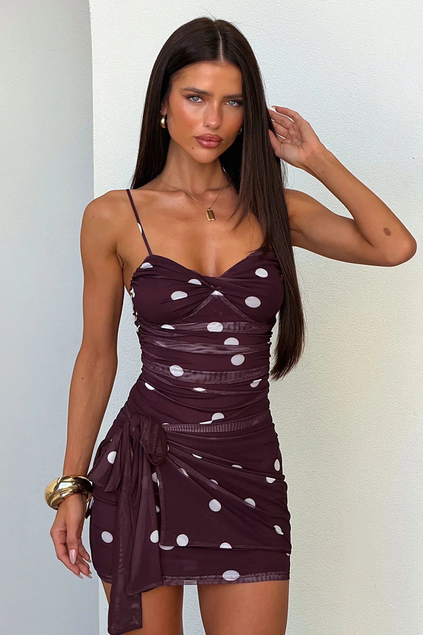 Saffira Mesh Mini Dress - Brown Polka Dot