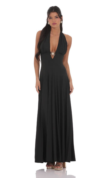Shell Embellished Plunge Neck Maxi Dress in Black