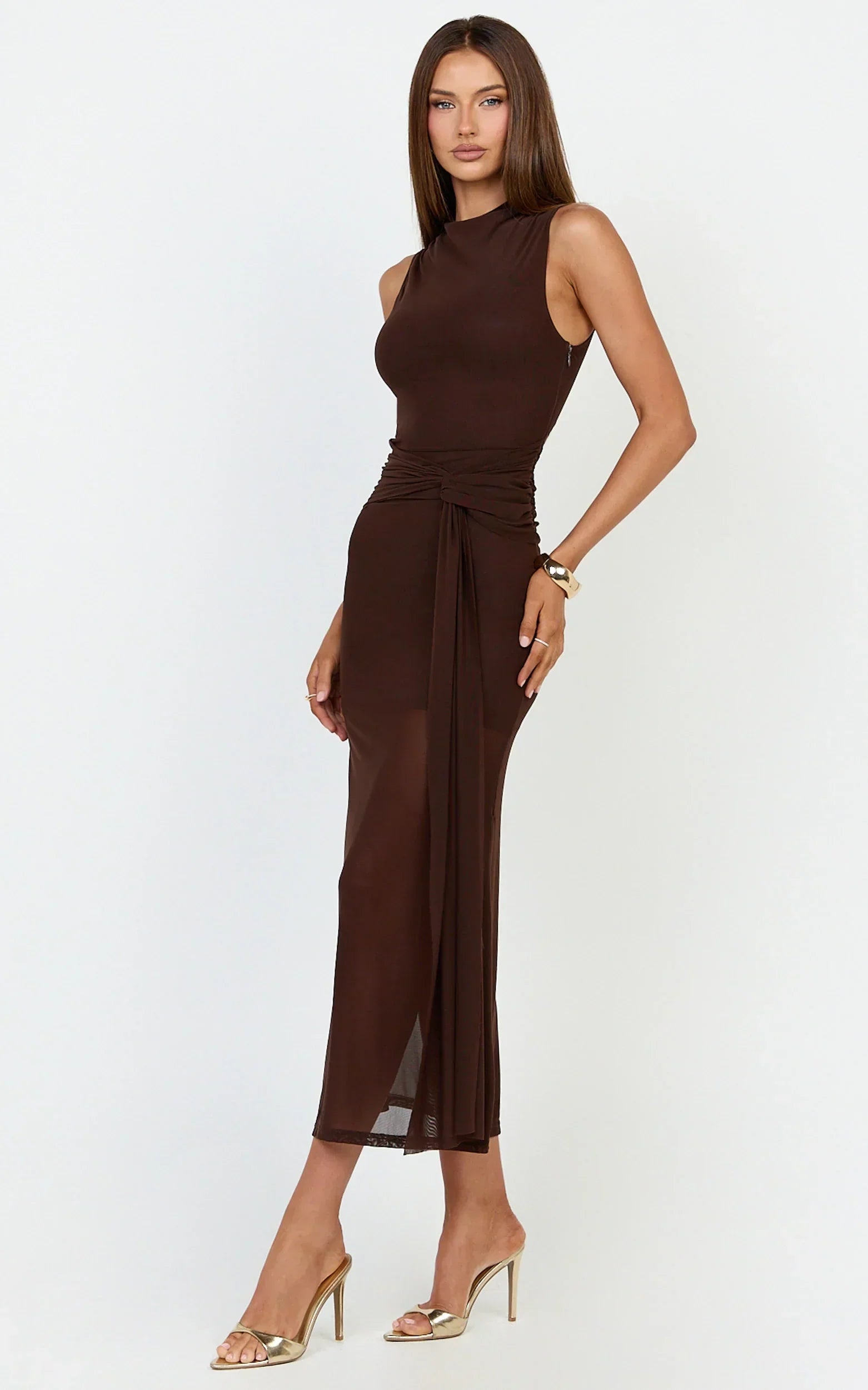 Jaimae Midi Dress - High Neck Side Knot Detail Mesh Dress In Chocolate