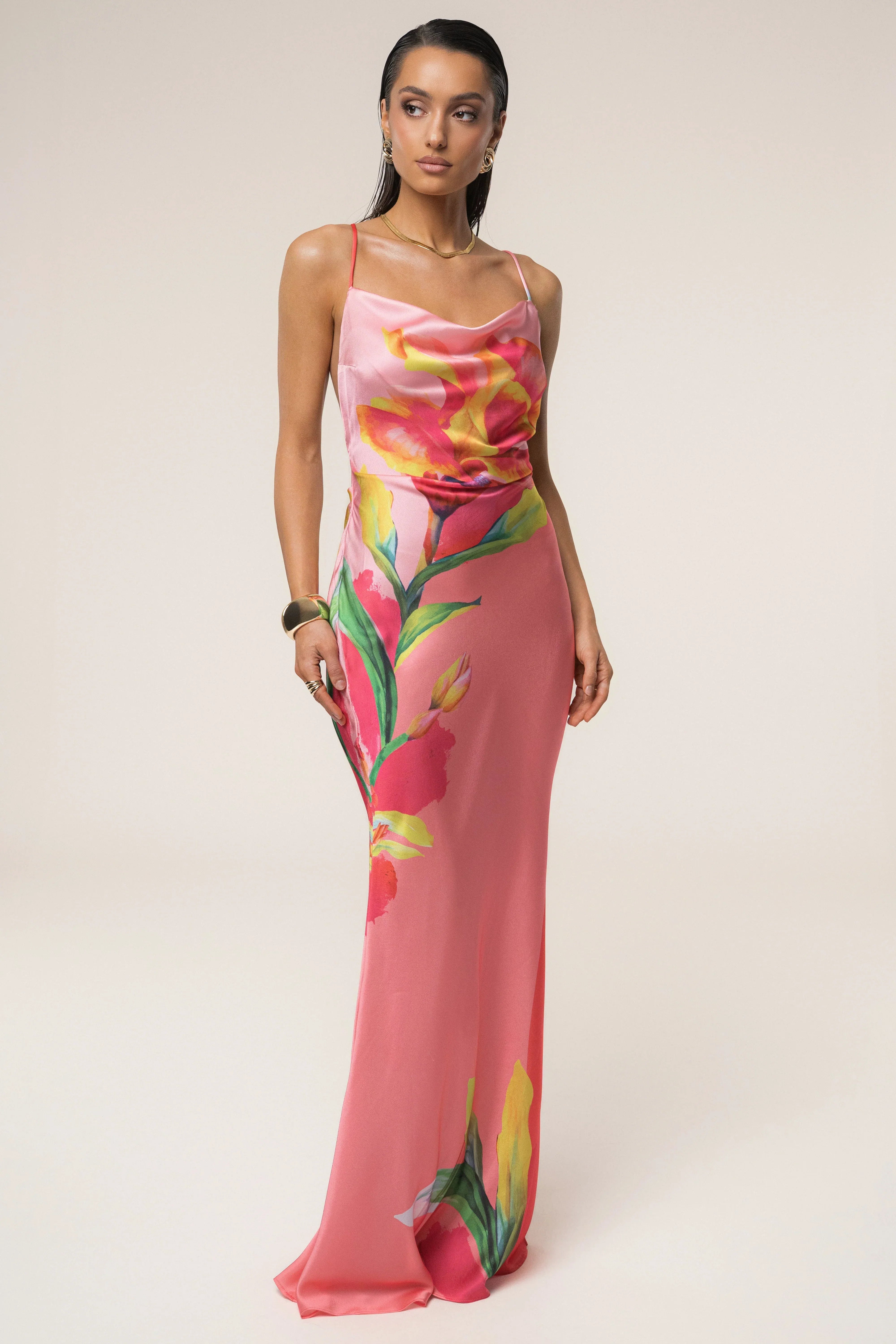 Satin Floral Print Maxi Dress