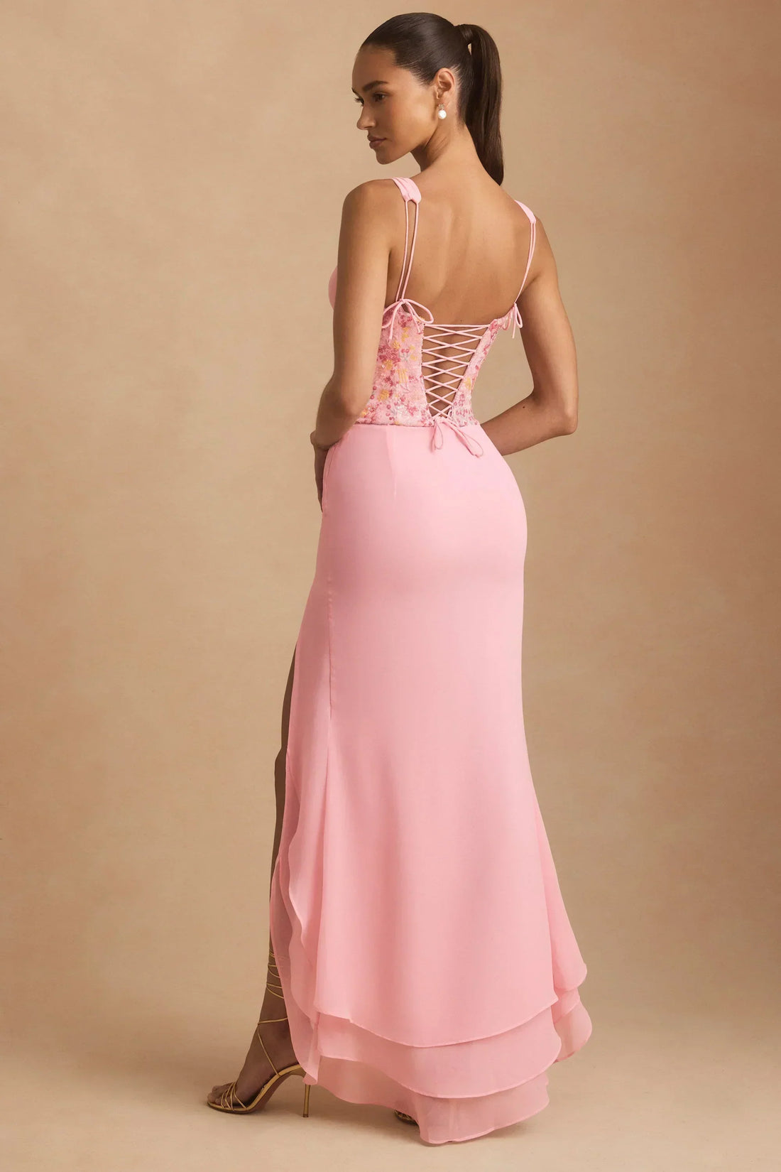 Embellished Plunge Ruffled Corset Maxi Dress in Pink