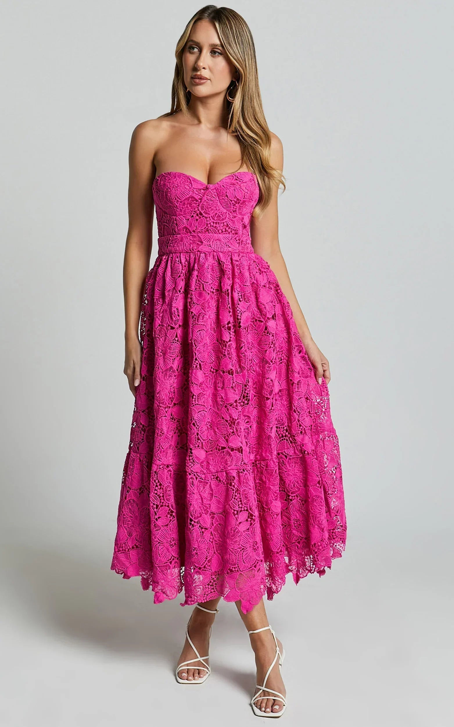 Gabriela Midi Dress - Strapless Lace Dress In Magenta