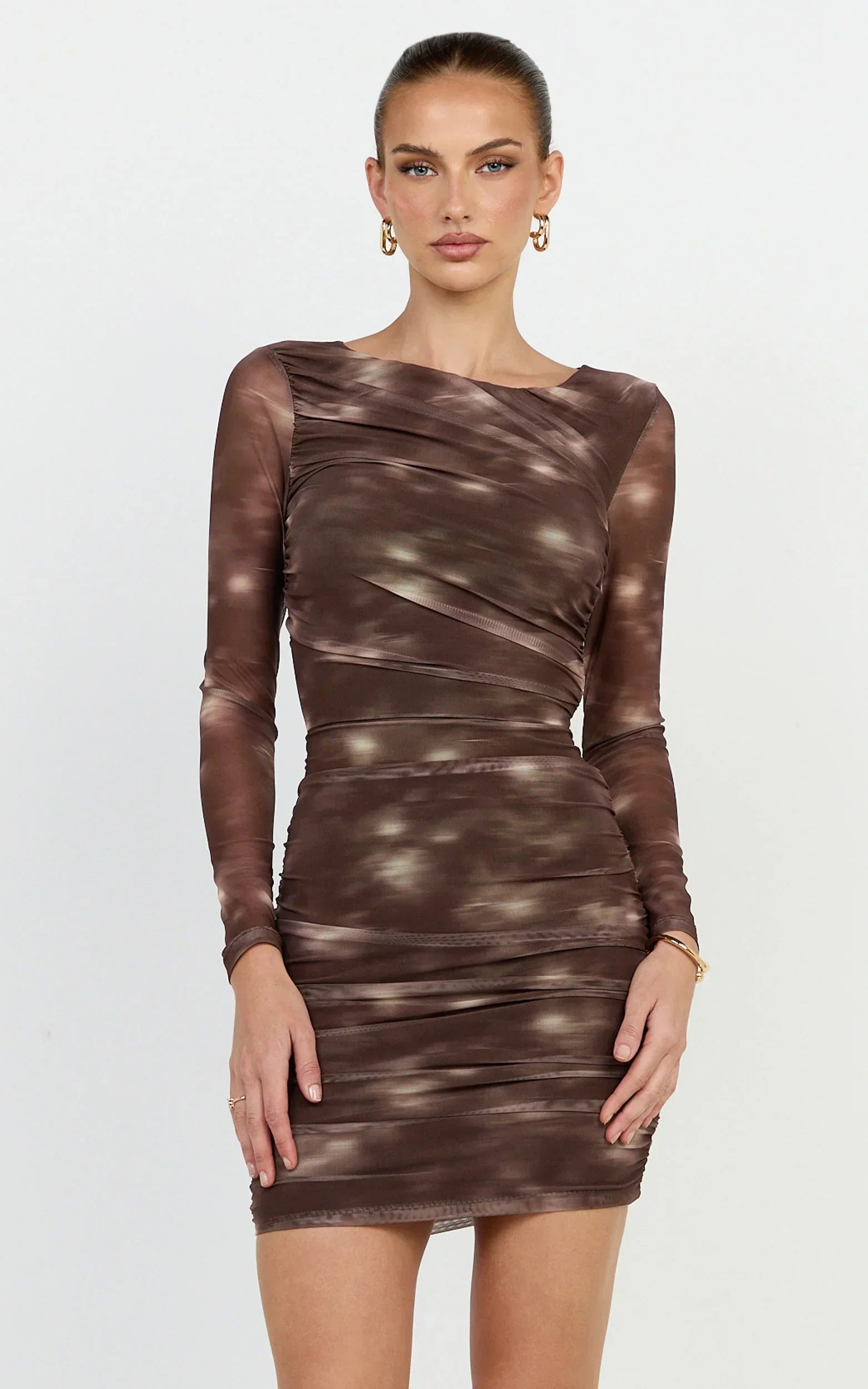 Zita Mini Dress - High Neck Long Sleeve Bodycon Mesh Dress In Chocolate Blurred Print