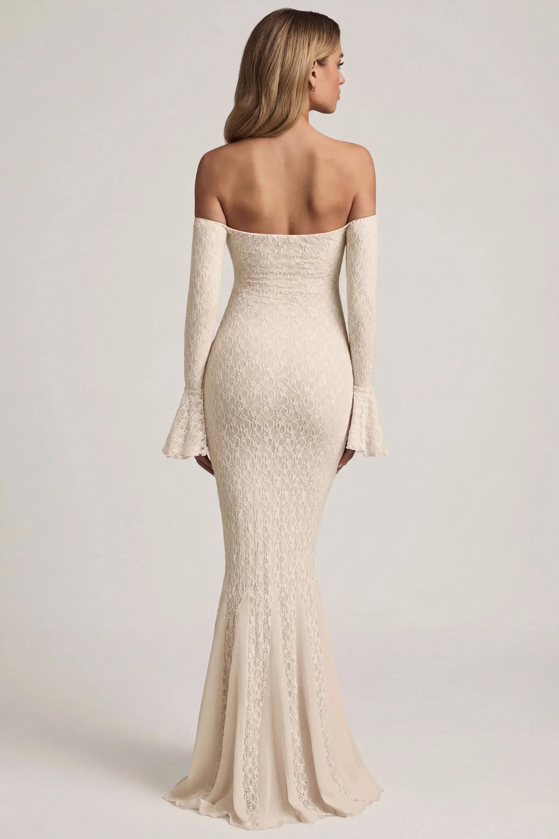 Off-Shoulder Ruffle Lace Maxi Dress In Ivory