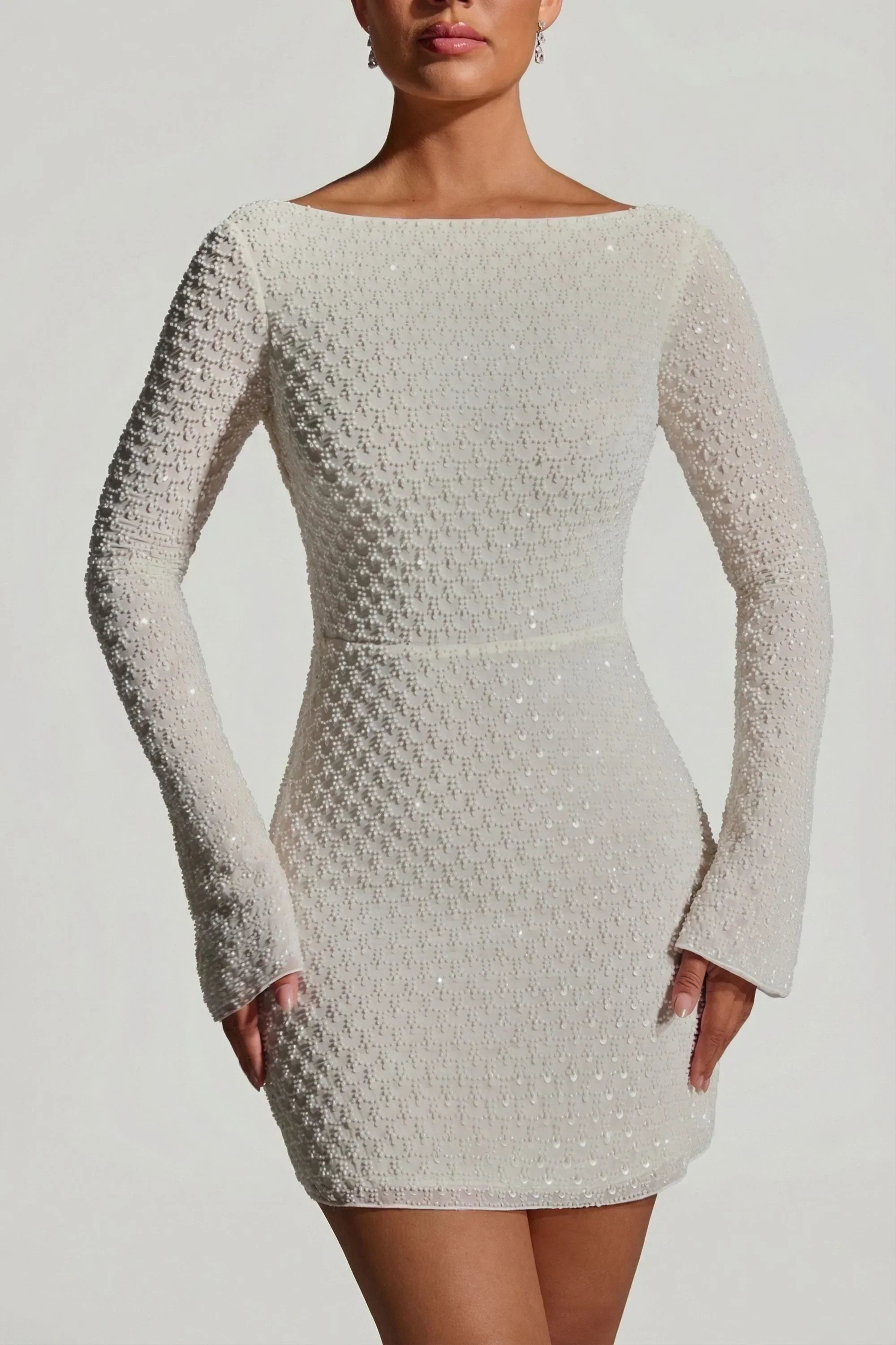 Embellished Open-Back A-Line Mini Dress In White