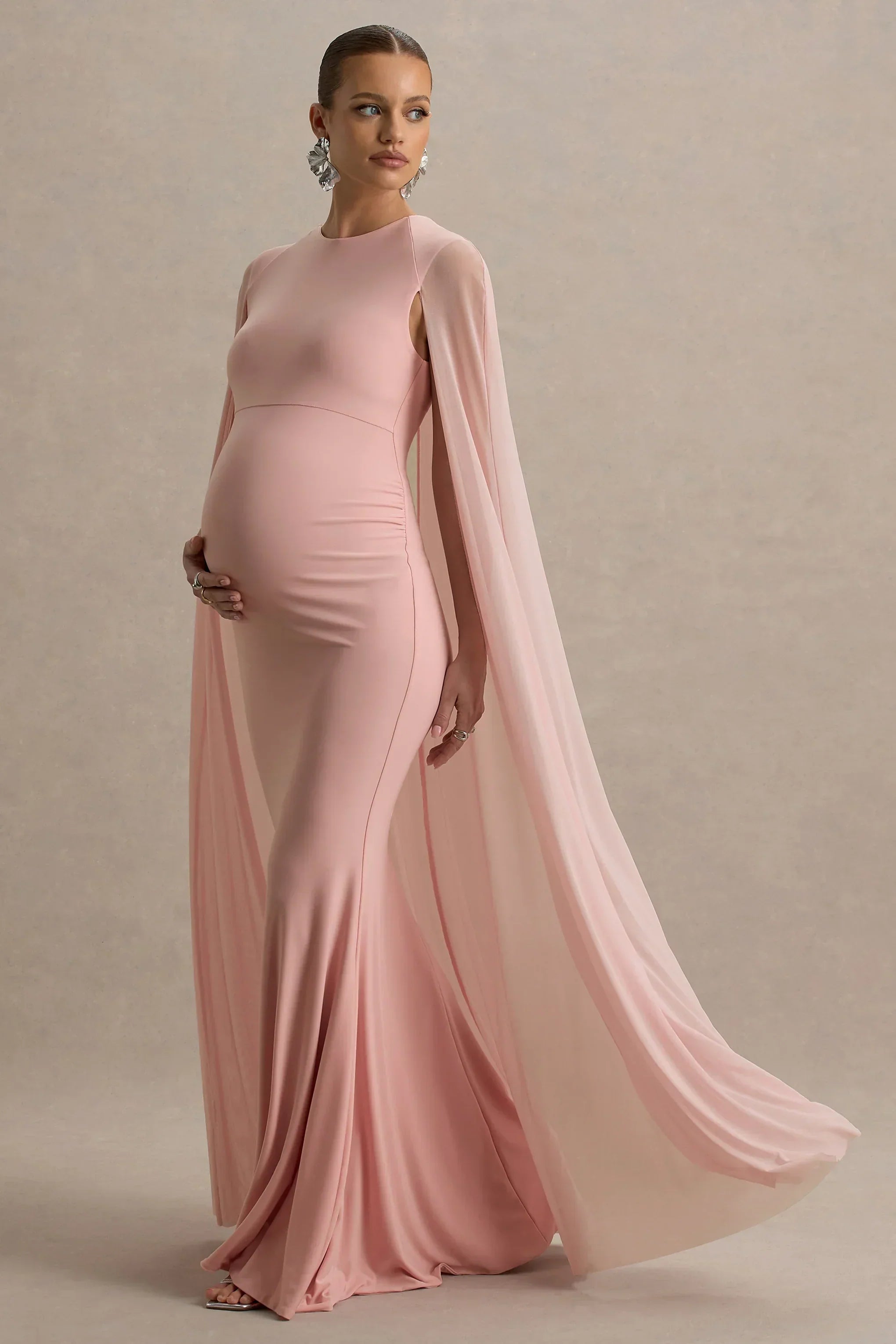 Currant | Pink Crew-Neck Maternity Maxi Dress With Cape