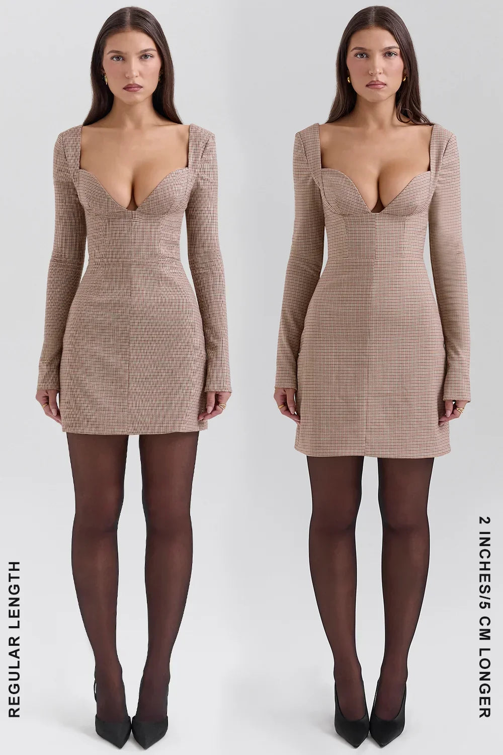Angelie-Brown Puppytooth Check Plunge Mini Dress - Sale