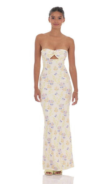 Floral Ribbed Cutout Twist Maxi Dress in Yellow