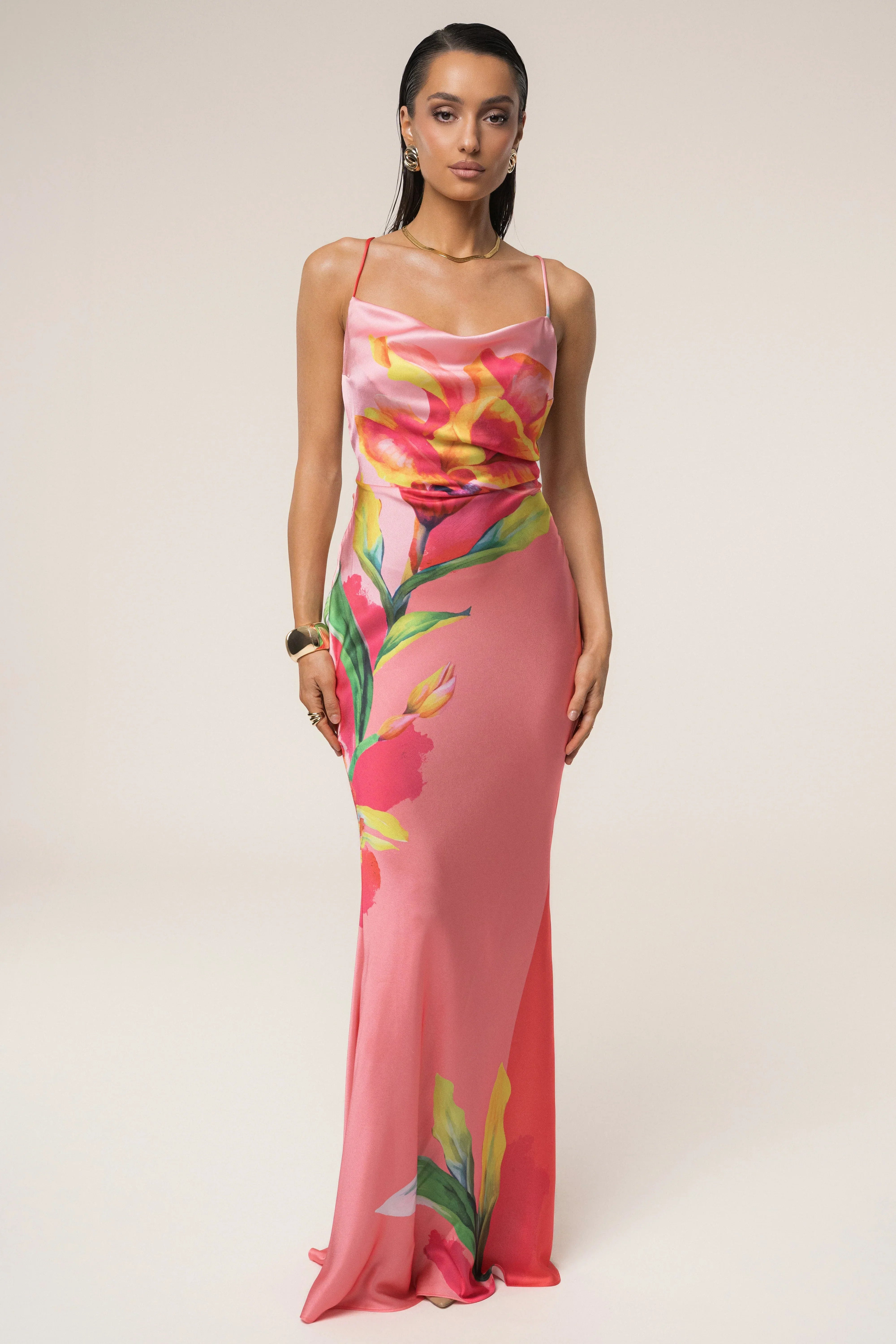 Satin Floral Print Maxi Dress