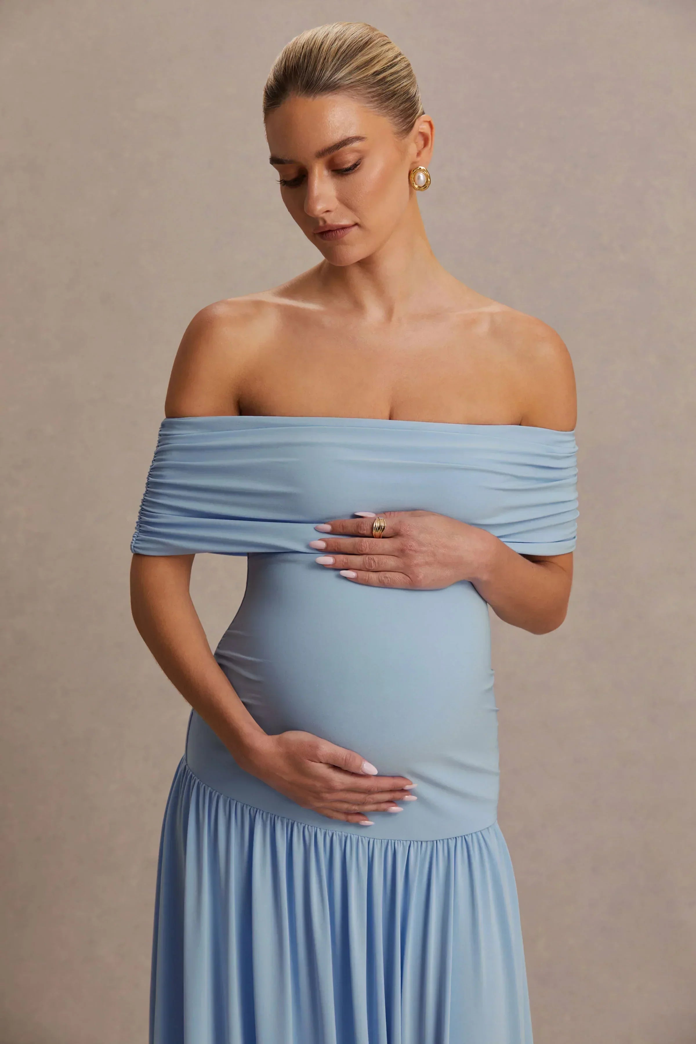 Juliette | Powder Blue Bardot-Neck Maternity Maxi Dress With Drop-Waist