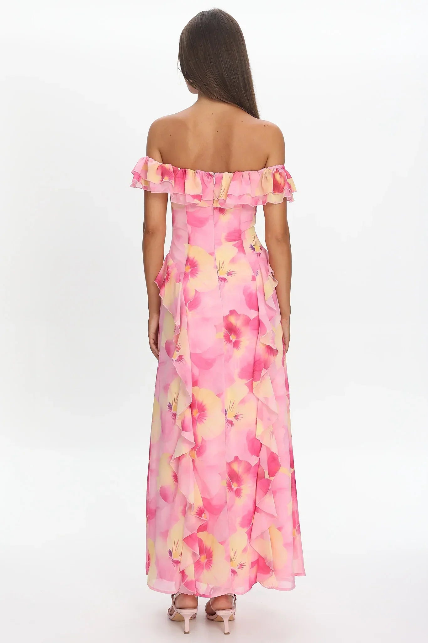 Scarlet Off-Shoulder Ruffle Trim Maxi Dress Print Pink