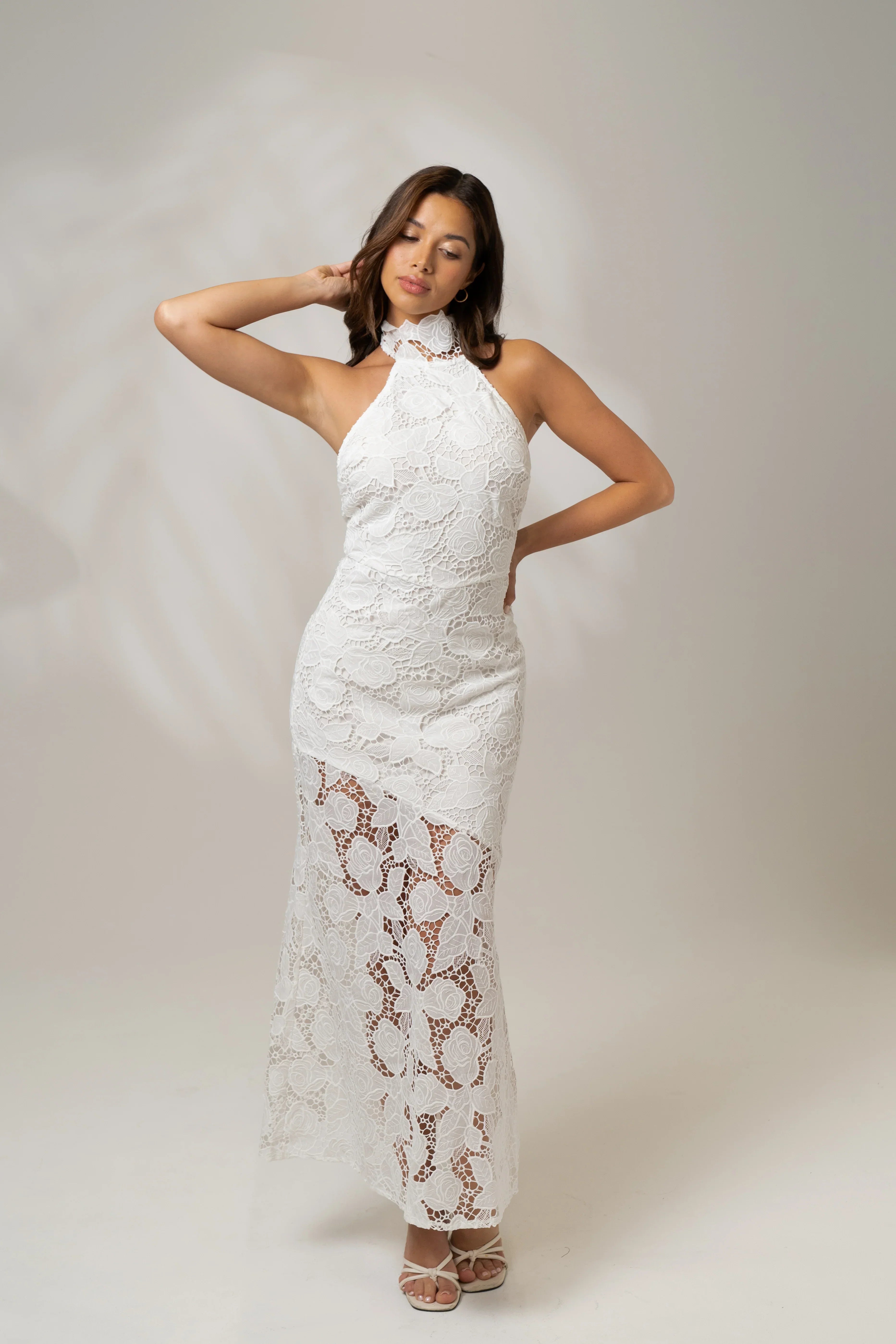 Georgia White High Neck Lace Midi Dress