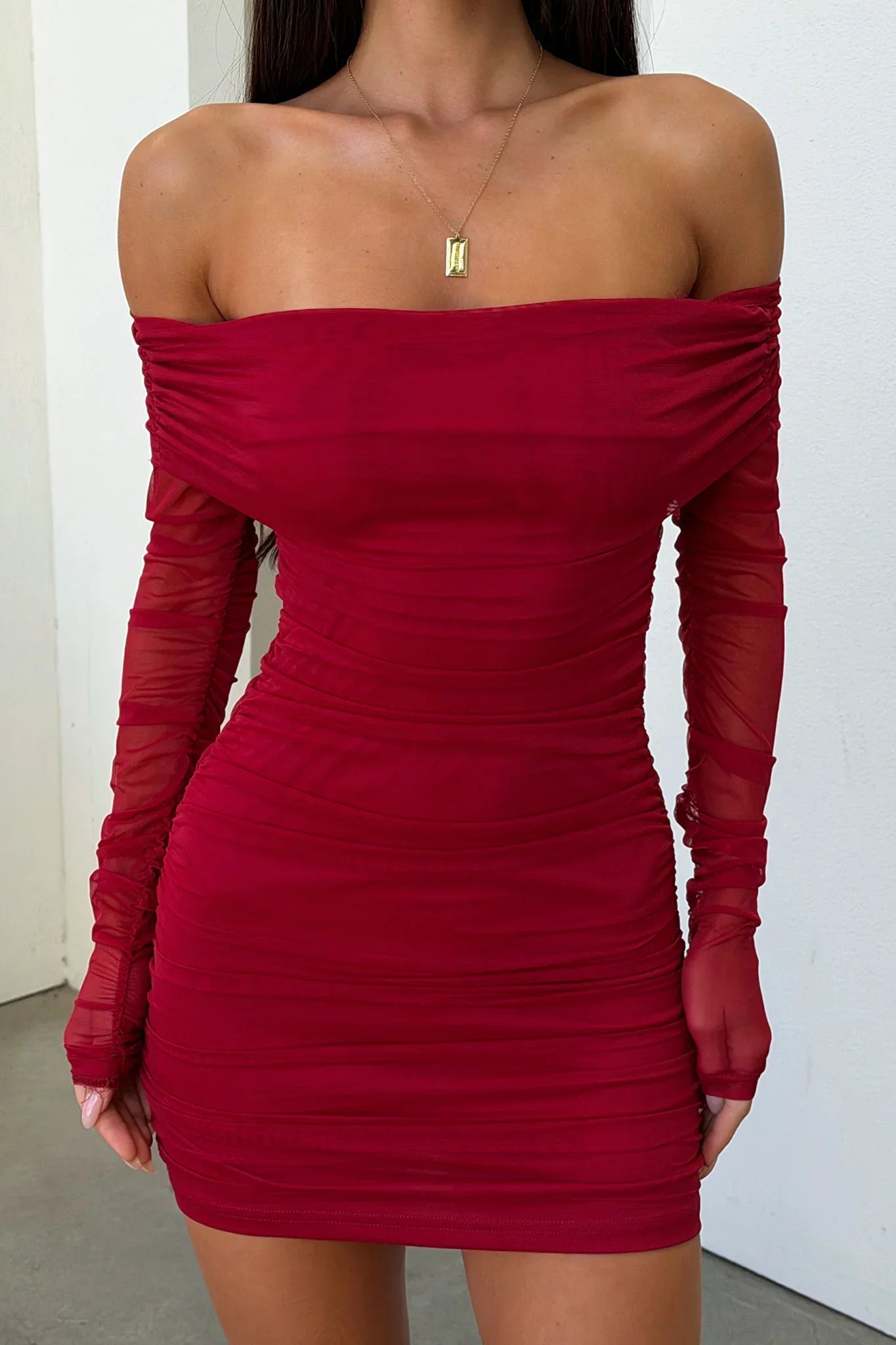 Catriona Long Sleeve Mesh Mini Dress - Red