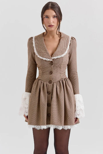 Sable-Brown Puppytooth Check Mini Dress - Sale
