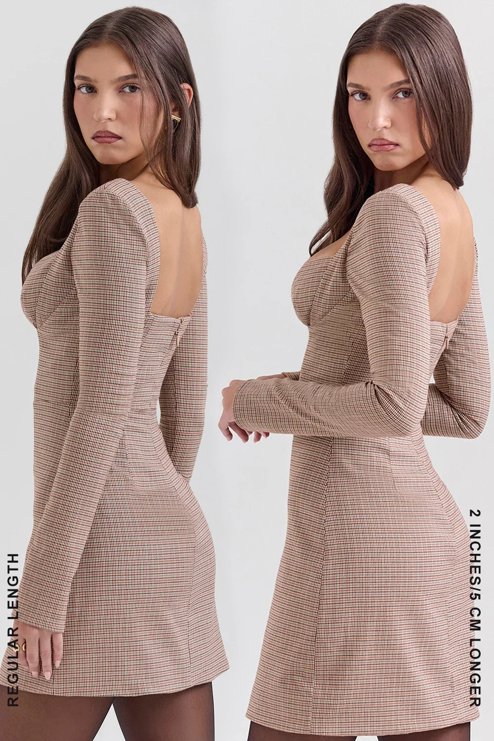Angelie-Brown Puppytooth Check Plunge Mini Dress - Sale
