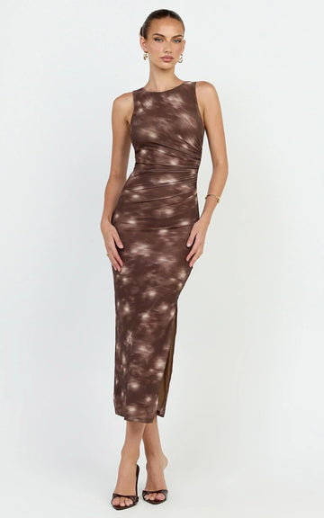 Loralie Midi Dress - Mesh High Neck Bodycon Dress In Chocolate Blurred Print